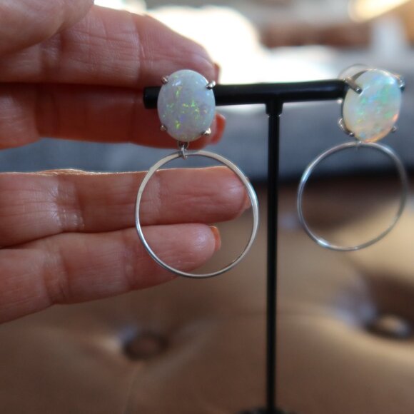 GIANT Opal & 925 sterling silver front facing hoops earrings white/blue sparkles - Picture 4 of 15